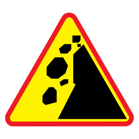 Znak ostrzegawczy A-25 ostrzega o pojawianiu się spadających odłamków skalnych 600 mm
