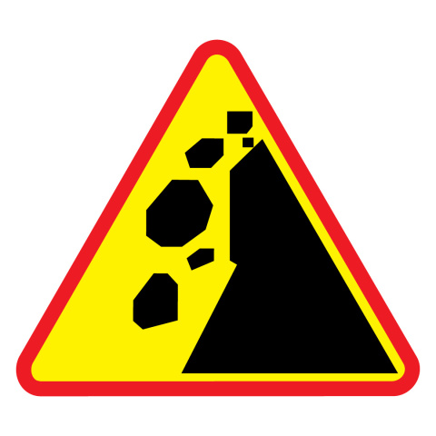 Pionowy znak drogowy A-25 spadające odłamki skalne rozmiar 750 mm