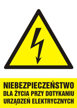 Znak elektryczny - Niebezpieczeństwo dla życia przy dotykaniu urządzeń elektrycznych, 10,5x14,8 cm, folia