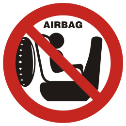 Zakaz wożenia dziecka w foteliku na przednim siedzeniu. Samochód posiada poduszkę powietrzną, 5x5 cm, folia