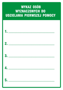 Wykaz osób wyznaczonych do udzielania pierwszej pomocy, 21x29,7 cm, PCV 1 mm