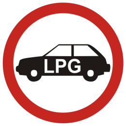 Zakaz wjazdu pojazdów napędzanych gazem (do garaży podziemnych i na parkingi o szczególnym przeznacz.), 33x33 cm, folia