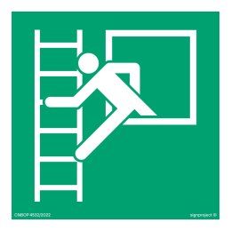 Znak AE016 Okno ewakuacyjne z drabiną ewakuacyjną, 100x100 mm, TS - Płyta TD fotoluminescencyjna