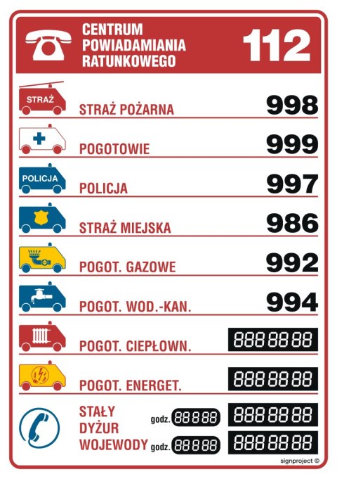Znak DA002 Tabliczka telefonów alarmowych, 297x420 mm, PN - Płyta 1 mm Znak DA002 Tabliczka telefonów alarmowych, 297x420 mm, PN - Płyta 1 mm