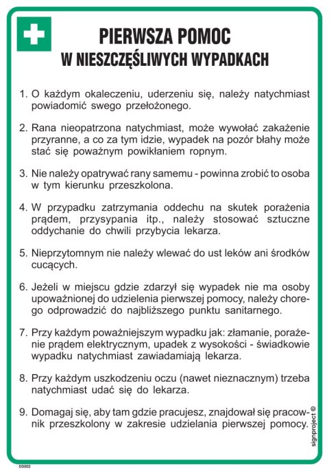Znak DD002 Pierwsza pomoc w nieszczęśliwych wypadkach, 245x350 mm, PN - Płyta 1 mm Znak DD002 Pierwsza pomoc w nieszczęśliwych wypadkach, 245x350 mm, PN - Płyta 1 mm