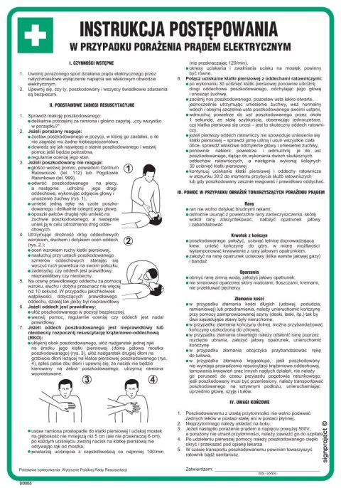 DD003 Instrukcja postępowania w wypadku porażenia prądem elektrycznym, 245x350 mm, PN - Płyta 1 mm DD003 Instrukcja postępowania w wypadku porażenia prądem elektrycznym, 245x350 mm, PN - Płyta 1 mm