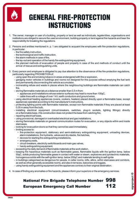 DB002 General fire - protection instructions. Instrukcja ogólna przeciwpożarowa (wersja angielska), 245x350 mm, PN - Płyta DB002 General fire - protection instructions. Instrukcja ogólna przeciwpożarowa (wersja angielska), 245x350 mm, PN - Płyta