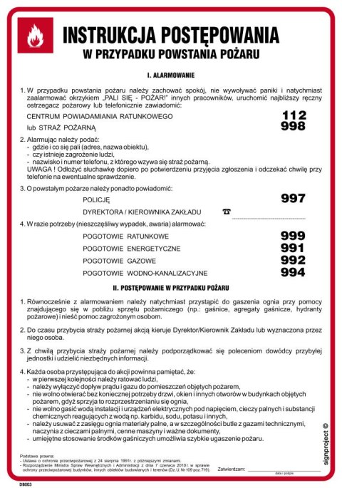 DB003 Instrukcja postępowania w przypadku powstania pożaru, 245x350 mm, HN - Płyta TD-flex 0,4mm DB003 Instrukcja postępowania w przypadku powstania pożaru, 245x350 mm, HN - Płyta TD-flex 0,4mm