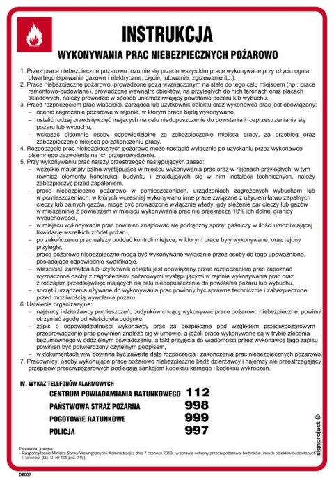 DB009 Instrukcja wykonywania prac niebezpiecznych pożarowo, 245x350 mm, PN - Płyta 1 mm DB009 Instrukcja wykonywania prac niebezpiecznych pożarowo, 245x350 mm, PN - Płyta 1 mm