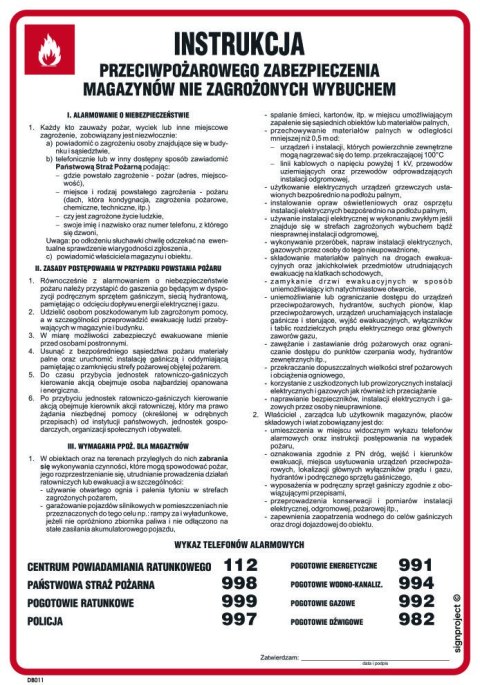 DB011 Instrukcja przeciwpożarowego zabezpieczenia magazynów nie zagrożonych wybuchem, 245x350 mm, HN - Płyta TD-flex 0,4mm DB011 Instrukcja przeciwpożarowego zabezpieczenia magazynów nie zagrożonych wybuchem, 245x350 mm, HN - Płyta TD-flex 0,4mm