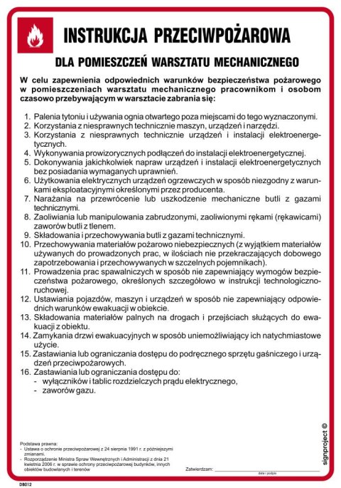 DB012 Instrukcja przeciwpożarowa dla pomieszczeń warsztatu mechanicznego, 245x350 mm, PN - Płyta 1 mm DB012 Instrukcja przeciwpożarowa dla pomieszczeń warsztatu mechanicznego, 245x350 mm, PN - Płyta 1 mm