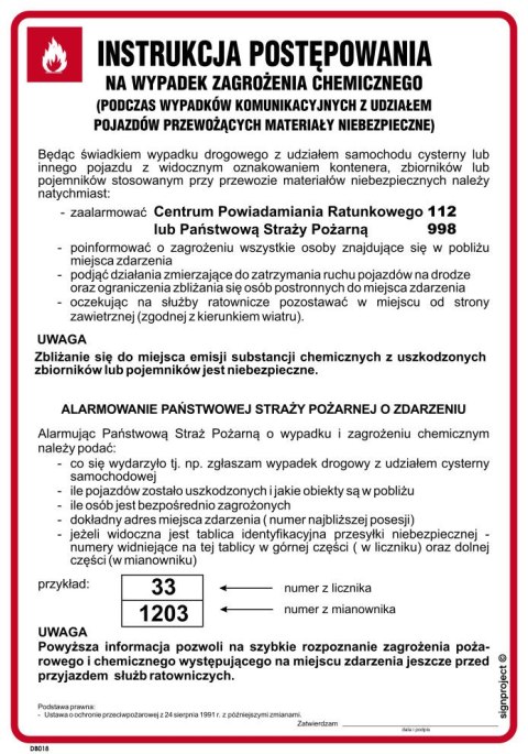 DB018 Instrukcja postępowania na wypadek zagrożenia chemicznego, 245x350 mm, PN - Płyta 1 mm DB018 Instrukcja postępowania na wypadek zagrożenia chemicznego, 245x350 mm, PN - Płyta 1 mm
