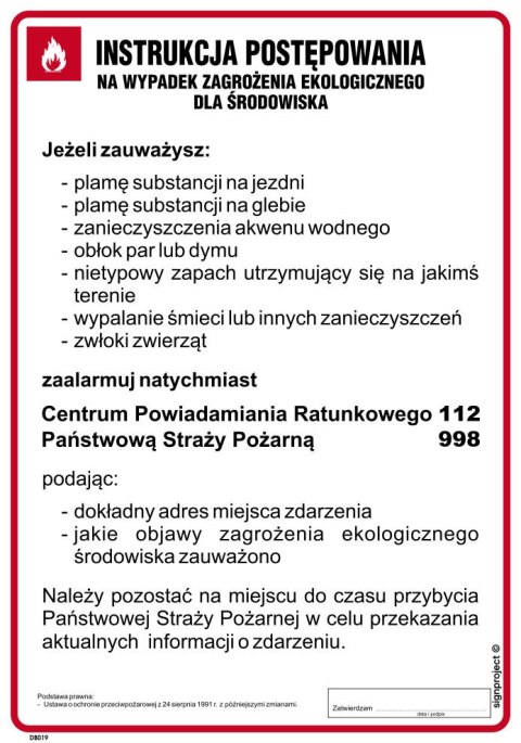 DB019 Instrukcja postępowania w razie zagrożeń ekologicznych, 245x350 mm, HN - Płyta TD-flex 0,4mm DB019 Instrukcja postępowania w razie zagrożeń ekologicznych, 245x350 mm, HN - Płyta TD-flex 0,4mm