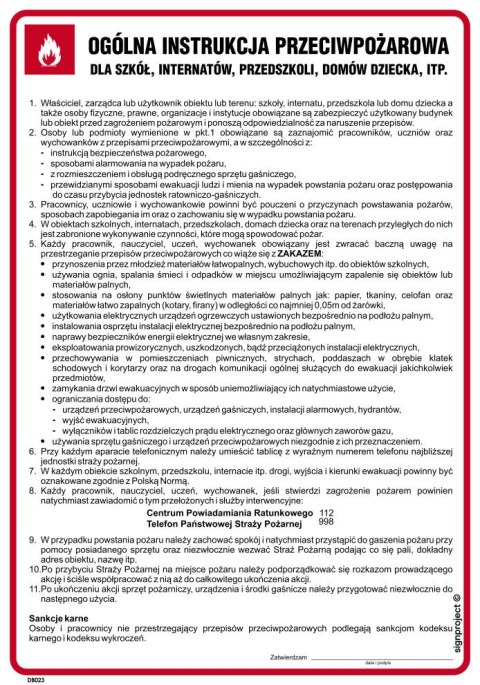 DB023 Ogólna instrukcja przeciwpożarowa dla szkół, 245x350 mm, FN - Folia samoprzylepna DB023 Ogólna instrukcja przeciwpożarowa dla szkół, 245x350 mm, FN - Folia samoprzylepna