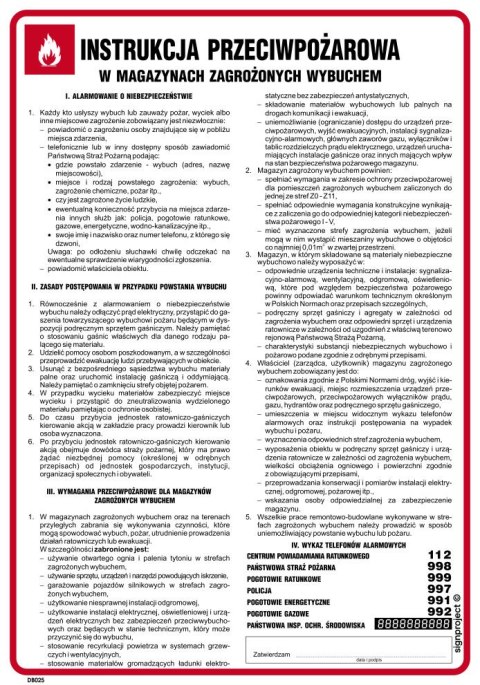 DB025 Instrukcja przeciwpożarowa w magazynach zagrożonych wybuchem, 245x350 mm, PN - Płyta 1 mm DB025 Instrukcja przeciwpożarowa w magazynach zagrożonych wybuchem, 245x350 mm, PN - Płyta 1 mm