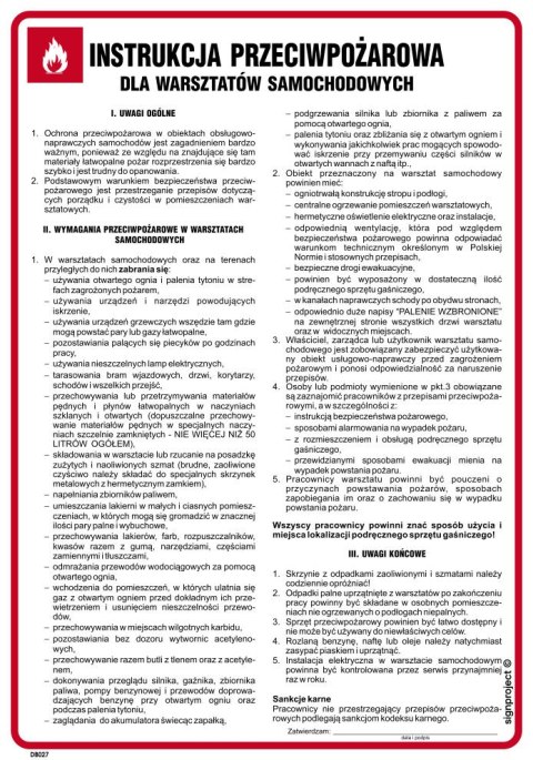 DB027 Instrukcja przeciwpożarowa dla warsztatów samochodowych, 245x350 mm, FN - Folia samoprzylepna DB027 Instrukcja przeciwpożarowa dla warsztatów samochodowych, 245x350 mm, FN - Folia samoprzylepna