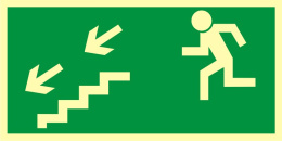 Kierunek do wyjścia drogi ewakuacyjnej schodami w dół w lewo, 10x20 cm, PCV 1 mm