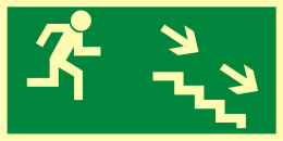 Kierunek do wyjścia drogi ewakuacyjnej schodami w dół w prawo, 15x30 cm, SYSTEM TD