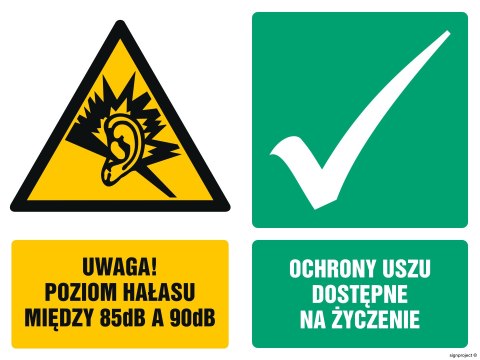 Znak GM030 Uwaga poziom hałasu między 85dB a 90dB Ochrony uszu dostępne na życzenie, 800x600 mm, TS - Płyta TD fotoluminescencyj Znak GM030 Uwaga poziom hałasu między 85dB a 90dB Ochrony uszu dostępne na życzenie, 800x600 mm, TS - Płyta TD fotoluminescencyj