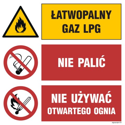 Znak GO002 Łatwopalny gaz LPG Nie palić Nie używać otwartego ognia, 150x150 mm, PN - Płyta 1 mm Znak GO002 Łatwopalny gaz LPG Nie palić Nie używać otwartego ognia, 150x150 mm, PN - Płyta 1 mm
