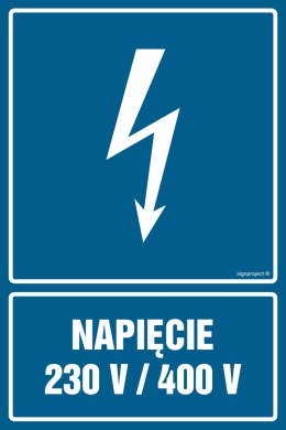 Znak HG024 Napięcie 230V/400V - arkusz 9 naklejek, 50x75 mm, FN - Folia samoprzylepna