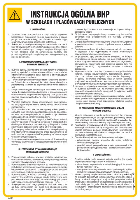 IAA09 Instrukcja ogólna BHP w szkołach i placówkach publicznych, 245x350 mm, FN - Folia samoprzylepna IAA09 Instrukcja ogólna BHP w szkołach i placówkach publicznych, 245x350 mm, FN - Folia samoprzylepna