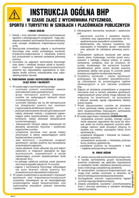 IAA11 Instrukcja ogólna BHP w czasie zajęć wychowania fizycznego, 245x350 mm, PN - Płyta 1 mm IAA11 Instrukcja ogólna BHP w czasie zajęć wychowania fizycznego, 245x350 mm, PN - Płyta 1 mm