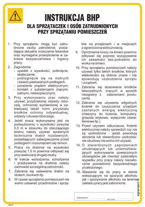IAA13 Instrukcja BHP dla sprzątaczek i osób zatrudnionych przy sprzątaniu, 245x350 mm, FN - Folia samoprzylepna IAA13 Instrukcja BHP dla sprzątaczek i osób zatrudnionych przy sprzątaniu, 245x350 mm, FN - Folia samoprzylepna