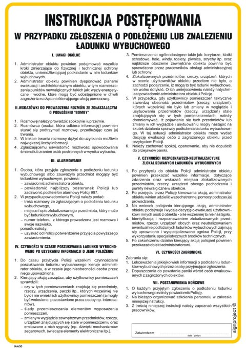 IAA30 Instrukcja postępowania w przypadku zgłoszenia o podłożeniu lub znalezieniu ładunku wybuchowego, 245x350 mm, HN - Pły IAA30 Instrukcja postępowania w przypadku zgłoszenia o podłożeniu lub znalezieniu ładunku wybuchowego, 245x350 mm, HN - Pły