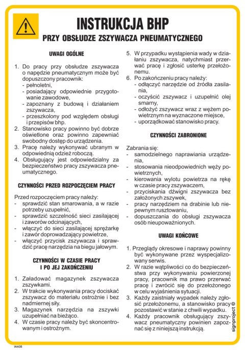 IAA35 Instrukcja BHP przy obsłudze zszywacza pneumatycznego, 245x350 mm, PN - Płyta 1 mm