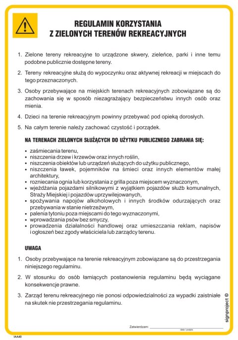 Znak IAA40 Regulamin korzystania z zielonych terenów rekreacyjnych, 245x350 mm, FN - Folia samoprzylepna Znak IAA40 Regulamin korzystania z zielonych terenów rekreacyjnych, 245x350 mm, FN - Folia samoprzylepna