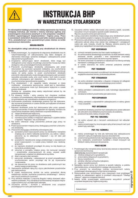 IAB01 Instrukcja BHP w warsztatach stolarskich, 245x350 mm, PN - Płyta 1 mm IAB01 Instrukcja BHP w warsztatach stolarskich, 245x350 mm, PN - Płyta 1 mm
