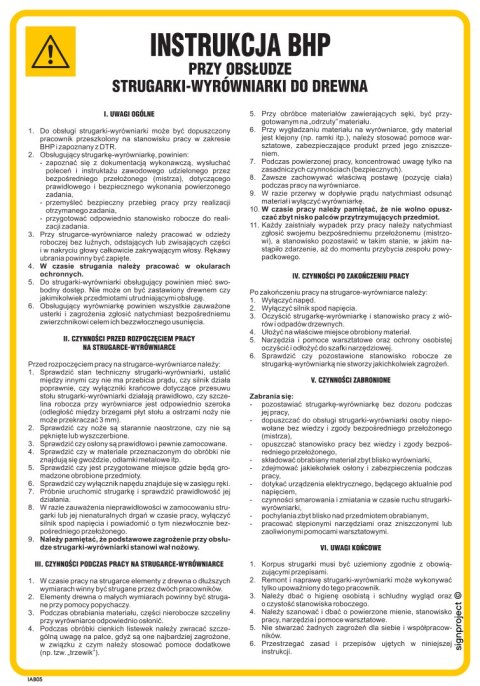 IAB05 Instrukcja BHP przy obsłudze strugarki-wyrówniarki do drewna, 245x350 mm, PN - Płyta 1 mm IAB05 Instrukcja BHP przy obsłudze strugarki-wyrówniarki do drewna, 245x350 mm, PN - Płyta 1 mm