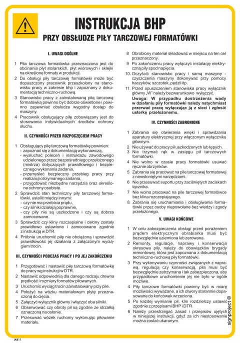 IAB11 Instrukcja BHP przy obsłudze piły tarczowej formatówki, 245x350 mm, FN - Folia samoprzylepna IAB11 Instrukcja BHP przy obsłudze piły tarczowej formatówki, 245x350 mm, FN - Folia samoprzylepna