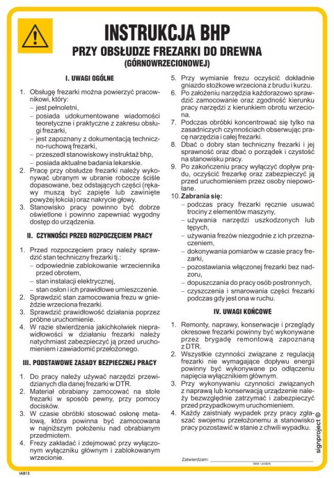 IAB13 Instrukcja BHP frezarki górnowrzecionowej do drewna, 245x350 mm, PN - Płyta 1 mm IAB13 Instrukcja BHP frezarki górnowrzecionowej do drewna, 245x350 mm, PN - Płyta 1 mm