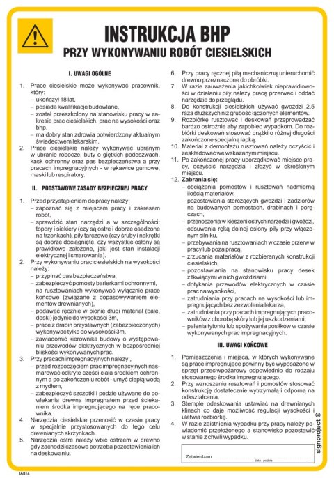 IAB14 Instrukcja BHP przy wykonywaniu robót ciesielskich, 245x350 mm, FN - Folia samoprzylepna IAB14 Instrukcja BHP przy wykonywaniu robót ciesielskich, 245x350 mm, FN - Folia samoprzylepna