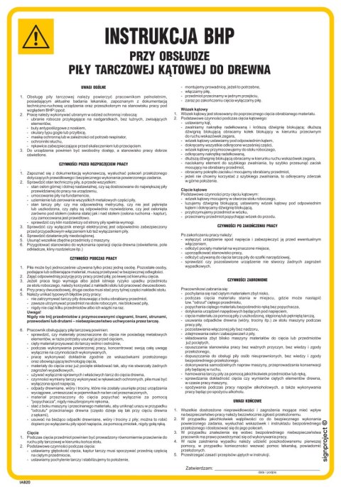 IAB20 Instrukcja BHP przy obsłudze piły tarczowej kątowej do drewna, 245x350 mm, PN - Płyta 1 mm IAB20 Instrukcja BHP przy obsłudze piły tarczowej kątowej do drewna, 245x350 mm, PN - Płyta 1 mm
