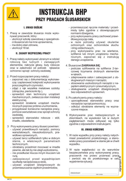 IAC13 Instrukcja BHP przy pracach ślusarskich, 245x350 mm, PN - Płyta 1 mm IAC13 Instrukcja BHP przy pracach ślusarskich, 245x350 mm, PN - Płyta 1 mm