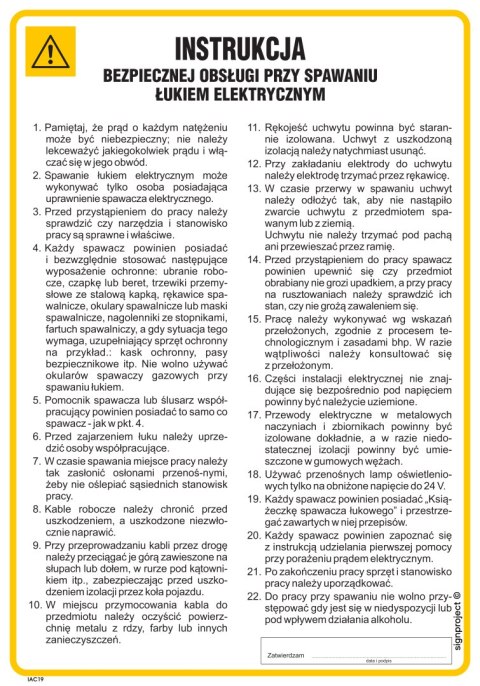 IAC19 Instrukcja bezpiecznej obsługi przy spawaniu łukiem elektrycznym, 245x350 mm, FN - Folia samoprzylepna IAC19 Instrukcja bezpiecznej obsługi przy spawaniu łukiem elektrycznym, 245x350 mm, FN - Folia samoprzylepna
