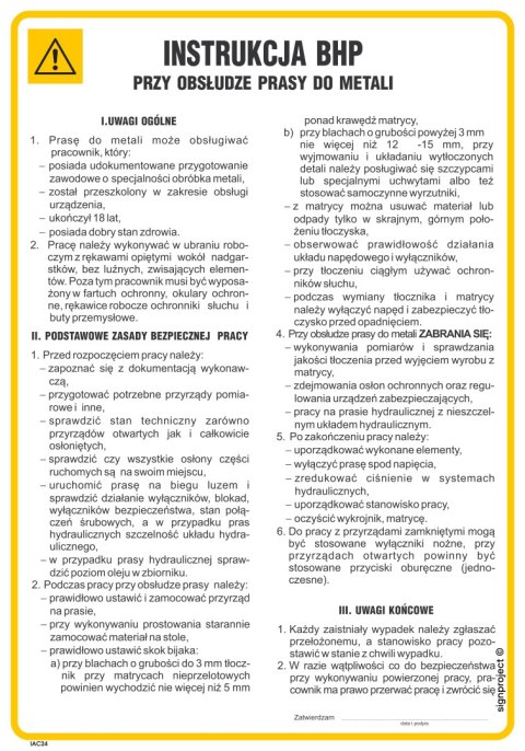 IAC24 Instrukcja BHP przy obsłudze prasy do metali, 245x350 mm, PN - Płyta 1 mm IAC24 Instrukcja BHP przy obsłudze prasy do metali, 245x350 mm, PN - Płyta 1 mm