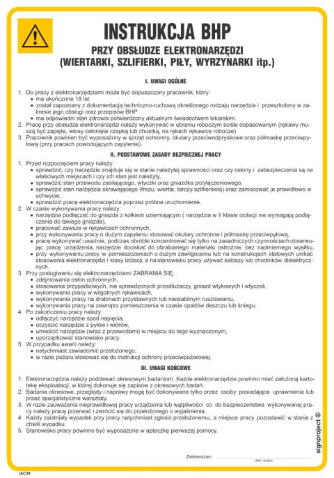 IAC29 Instrukcja BHP przy obsłudze elektronarzędzi (wiertarki), 245x350 mm, FN - Folia samoprzylepna IAC29 Instrukcja BHP przy obsłudze elektronarzędzi (wiertarki), 245x350 mm, FN - Folia samoprzylepna