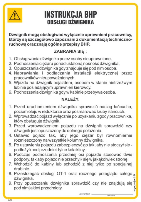 IAE02 Instrukcja BHP obsługi dźwignika, 245x350 mm, HN - Płyta TD-flex 0,4mm IAE02 Instrukcja BHP obsługi dźwignika, 245x350 mm, HN - Płyta TD-flex 0,4mm