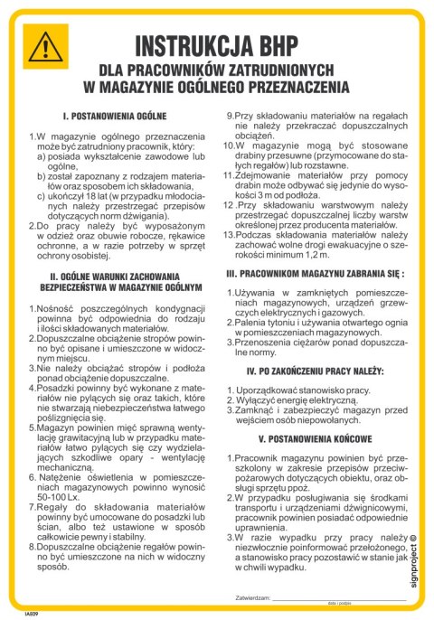 IAE10 Instrukcja BHP dla pracowników zatrudnionych w magazynie ogólnego przeznaczenia, 245x350 mm, FN - Folia samoprzylepna IAE10 Instrukcja BHP dla pracowników zatrudnionych w magazynie ogólnego przeznaczenia, 245x350 mm, FN - Folia samoprzylepna