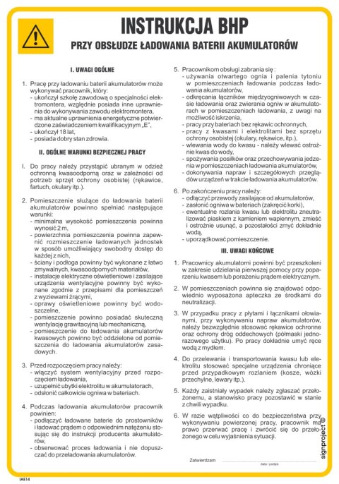 IAE14 Instrukcja BHP przy obsłudze ładowania baterii akumulatorów, 245x350 mm, FN - Folia samoprzylepna IAE14 Instrukcja BHP przy obsłudze ładowania baterii akumulatorów, 245x350 mm, FN - Folia samoprzylepna