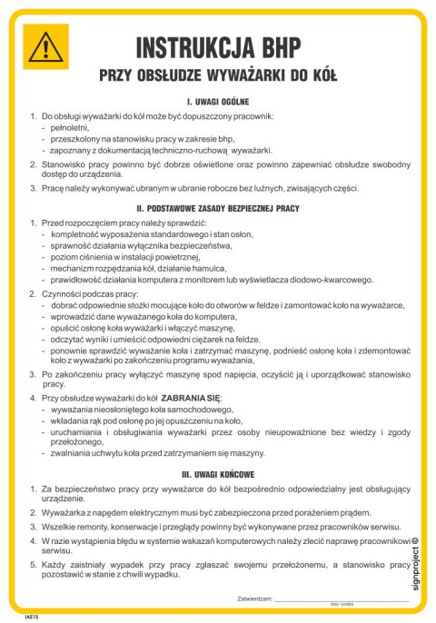 IAE15 Instrukcja BHP przy obsłudze wyważarki do kół, 245x350 mm, FN - Folia samoprzylepna IAE15 Instrukcja BHP przy obsłudze wyważarki do kół, 245x350 mm, FN - Folia samoprzylepna