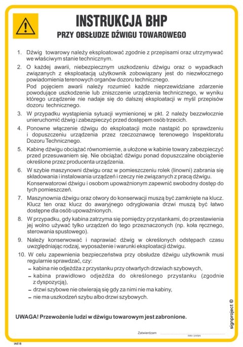 IAE18 Instrukcja BHP przy obsłudze dźwigu towarowego, 245x350 mm, PN - Płyta 1 mm IAE18 Instrukcja BHP przy obsłudze dźwigu towarowego, 245x350 mm, PN - Płyta 1 mm