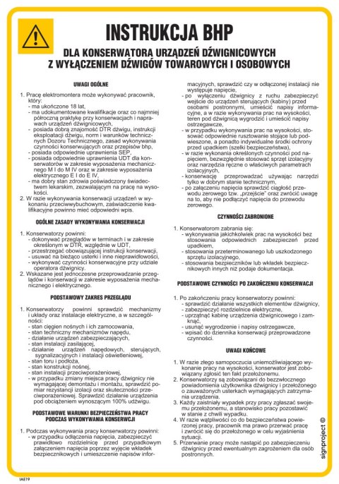 IAE19 Instrukcja BHP Dla konserwatora urządzeń dźwignicowych z wyłączeniem dźwigów towarowych i osobowych, 245x350 mm, HN - IAE19 Instrukcja BHP Dla konserwatora urządzeń dźwignicowych z wyłączeniem dźwigów towarowych i osobowych, 245x350 mm, HN -
