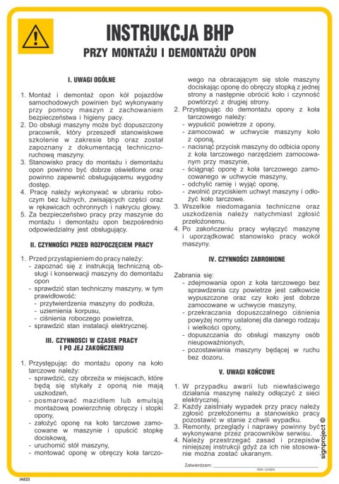 IAE23 Instrukcja BHP przy montażu i demontażu opon, 245x350 mm, FN - Folia samoprzylepna IAE23 Instrukcja BHP przy montażu i demontażu opon, 245x350 mm, FN - Folia samoprzylepna