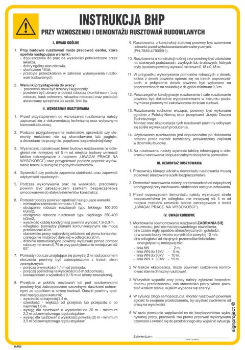 IAF02 Instrukcja BHP przy wnoszeniu i demontażu rusztowań budowlanych, 245x350 mm, PN - Płyta 1 mm IAF02 Instrukcja BHP przy wnoszeniu i demontażu rusztowań budowlanych, 245x350 mm, PN - Płyta 1 mm