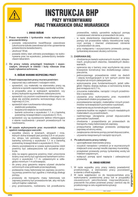 IAF04 Instrukcja BHP przy wykonywaniu prac murarskich oraz tynkarskich, 245x350 mm, HN - Płyta TD-flex 0,4mm IAF04 Instrukcja BHP przy wykonywaniu prac murarskich oraz tynkarskich, 245x350 mm, HN - Płyta TD-flex 0,4mm